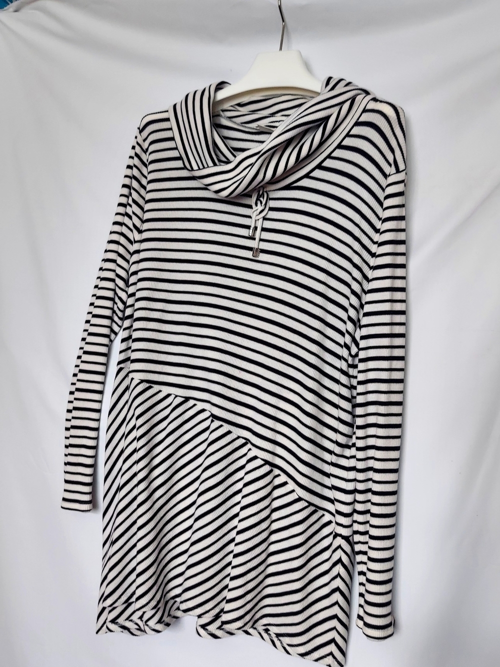 Black and White Striped Cowl Neck Long Sleeve Top - Women